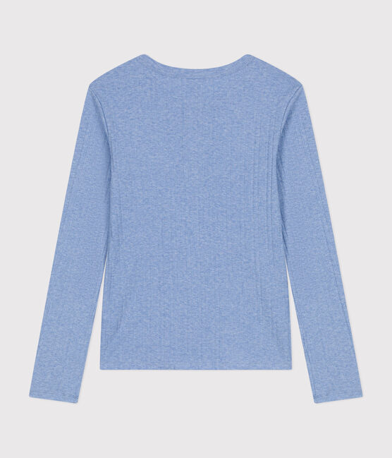 T-shirt a maniche lunghe con collo alla tunisina a effetto coste in tinta unita donna blu SKY CHINE
