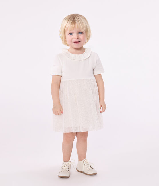Abito a maniche corte con colletto in cotone e tulle neonato bianco MARSHMALLOW/rosa COPPER