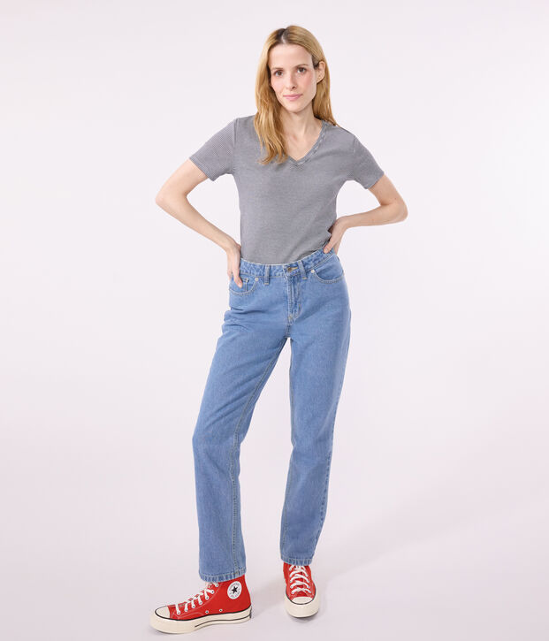 T-shirt L'Iconique scollo a V in cotone a righe donna blu/bianco