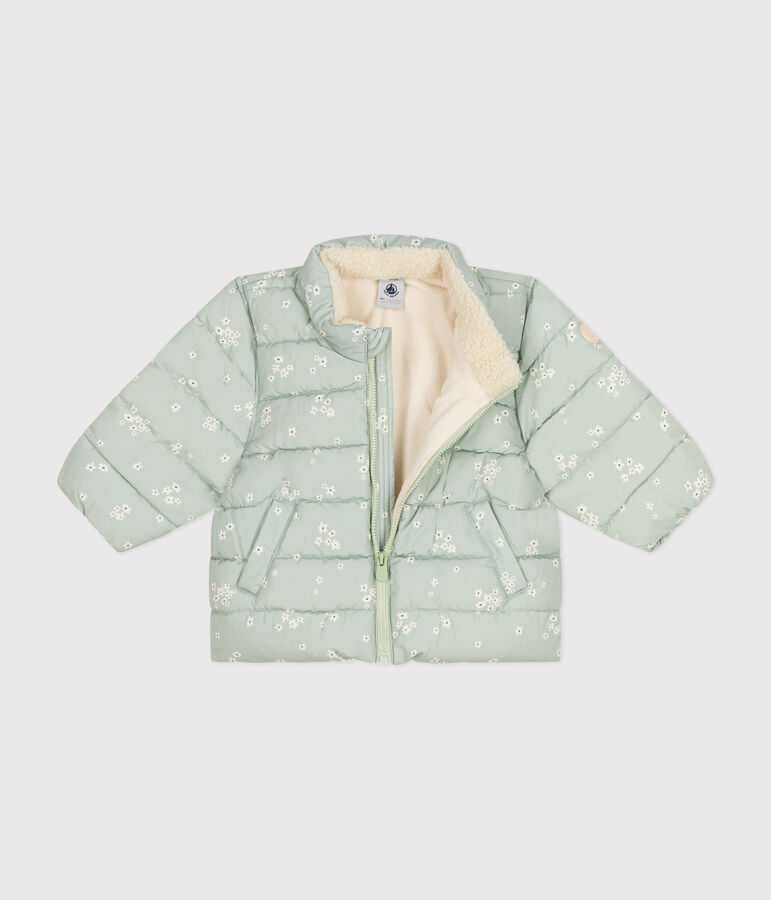Piumino con cappuccio ritraibile e stampa neonato verde/multicolore