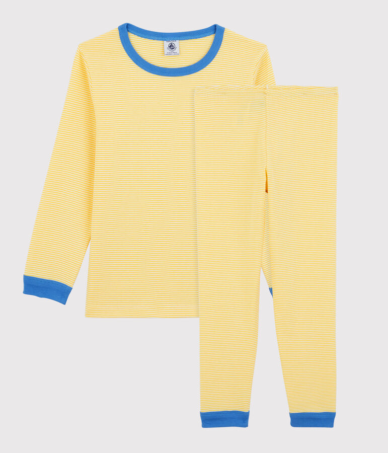 Pigiama bambina/bambino rigato millerighe in cotone biologico giallo ORGE/bianco MARSHMALLOW