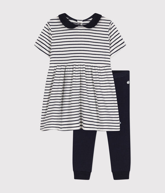 Completo abito e leggings in cotone bebè bianco MARSHMALLOW/blu SMOKING