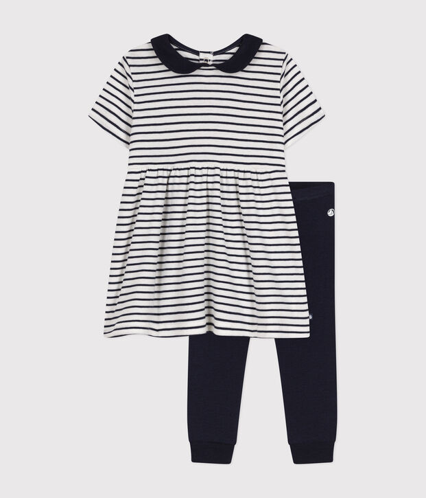 Completo abito e leggings in cotone beb&egrave; bianco/blu