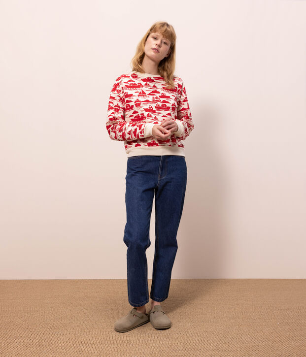 Felpa in cotone donna ecru/rosso