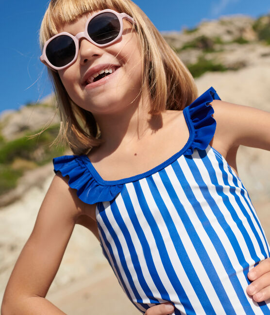 Costume da bagno intero a righe bambina blu SURF/bianco MARSHMALLOW