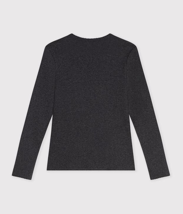 T-shirt a maniche lunghe in cotone con finiture a punto cocotte donna grigio