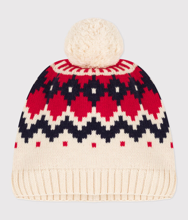 Cuffietta in lana jacquard bambino ecru/multicolore