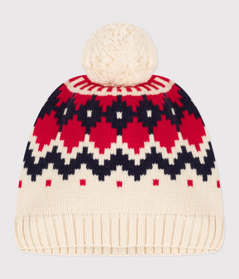 Cuffietta in lana jacquard bambino ecru/multicolore