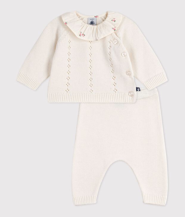 Completo 2 pezzi in misto lana e cotone e colletto a fiori neonato bianco
