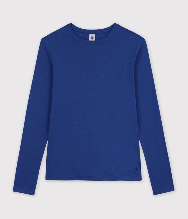 T-shirt a maniche lunghe in cotone tinta unita donna blu