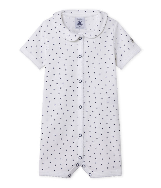 Tutina senza piedi bebè bambina con stampa a cuoricini bianco ECUME/blu MEDIEVAL