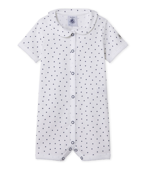 Tutina senza piedi beb&egrave; bambina con stampa a cuoricini bianco/blu