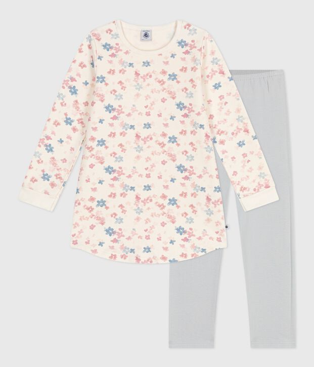 Camicia da notte e leggings bambina in tessuto felpato con stampa a fiori ecru/multicolore