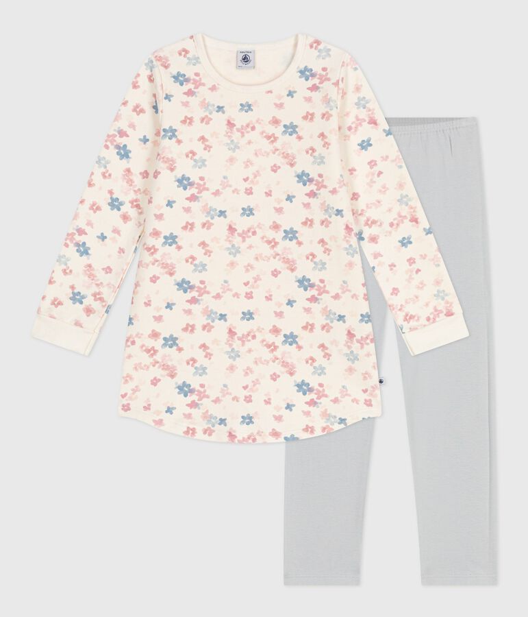Camicia da notte e leggings bambina in tessuto felpato con stampa a fiori ecru/multicolore