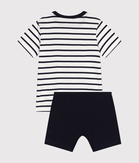 Pigiama corto marinière bambino in cotone bianco MARSHMALLOW/blu SMOKING
