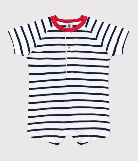 Tutina corta a maniche corte in cotone a righe con colletto a contrasto neonato bianco MARSHMALLOW/blu SMOKING