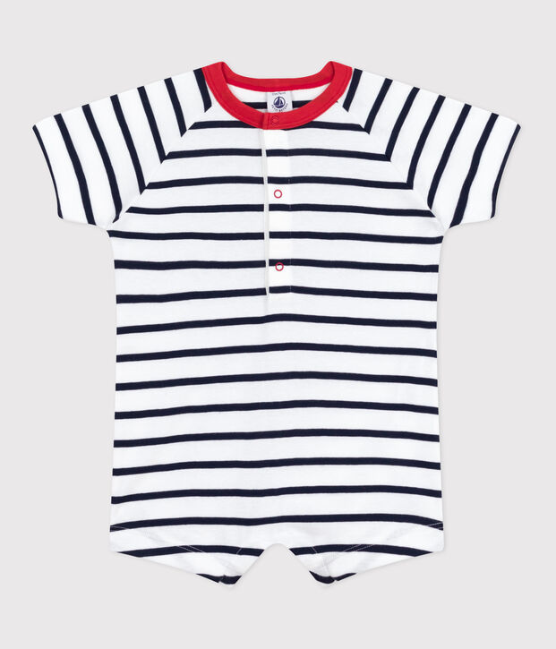 Tutina corta a maniche corte in cotone a righe con colletto a contrasto neonato bianco/blu