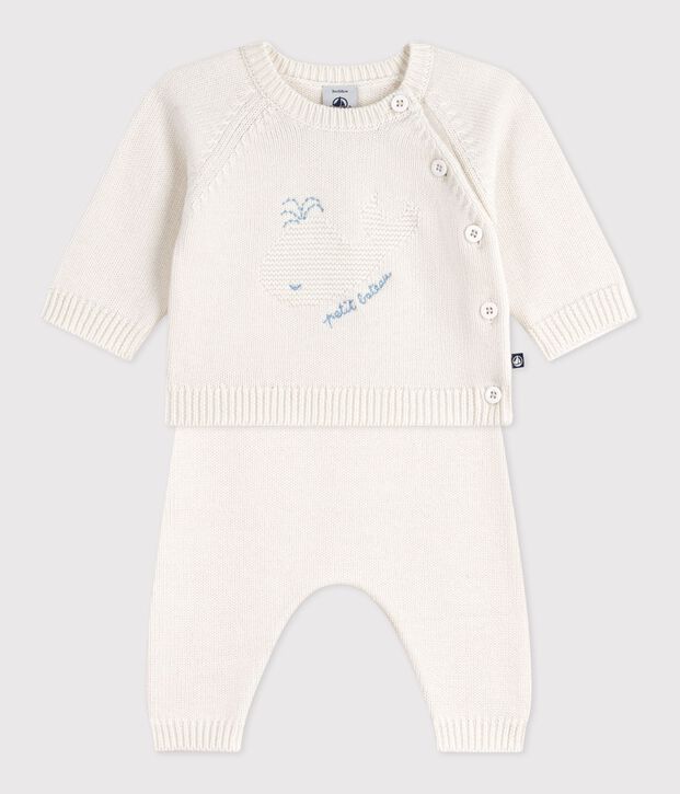 Completo 2 pezzi in maglia di lana e cotone con motivo balena neonato bianco