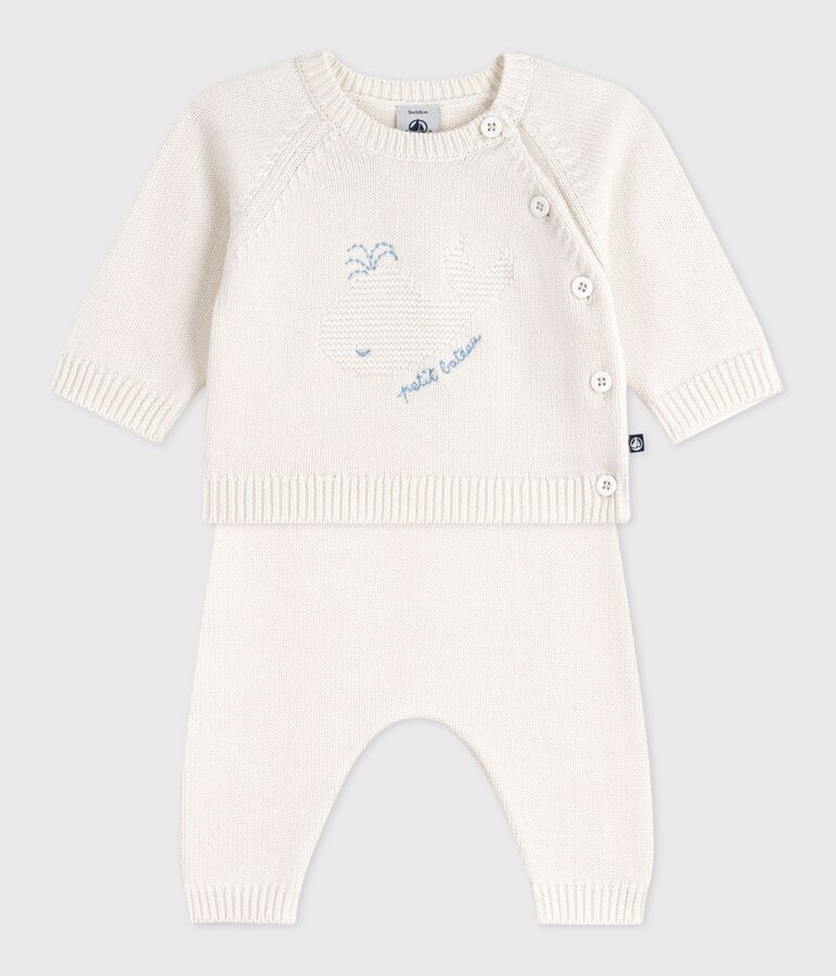 Completo 2 pezzi in maglia di lana e cotone con motivo balena neonato bianco MARSHMALLOW
