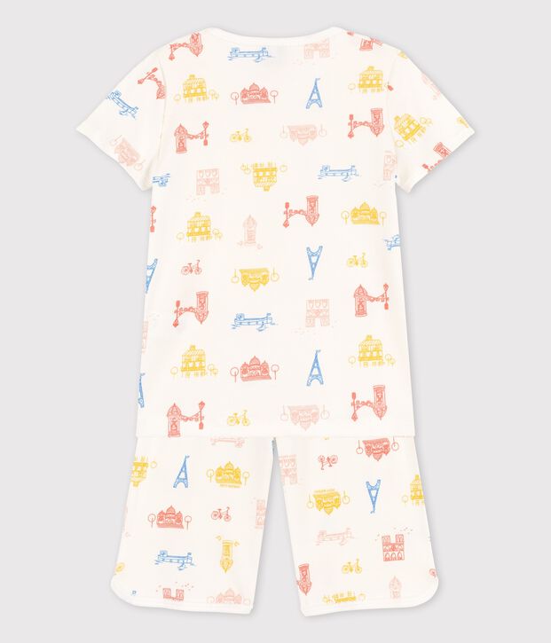 Pigiama corto stampa Parigi bambina in cotone bianco/multicolore