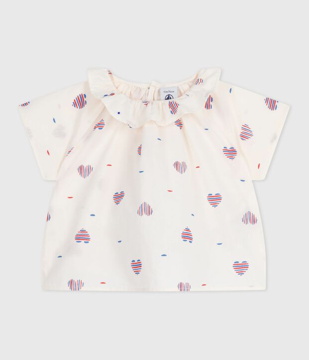 Blusa neonato a maniche corte in cotone con cuore stampato ecru/multicolore