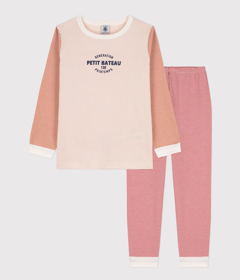 Pigiama millerighe tricolore in cotone unisex rosa SALINE/bianco MULTICO