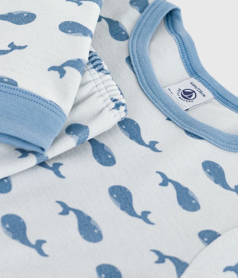 Pigiama bambino in ciniglia con balene stampate blu/blu