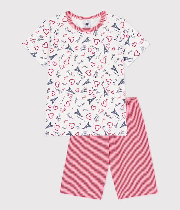 Pigiama con shorts lunghi in cotone con stampa Parigi bambino bianco/multicolore
