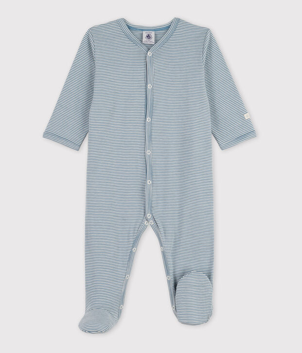 Tutina pigiama millerighe di cotone per neonati blu/bianco