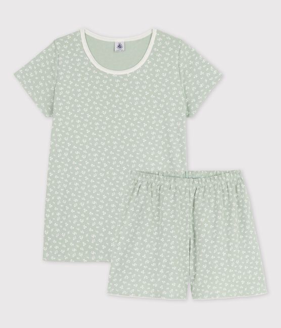 Pigiama corto a fiori bambina in cotone verde HERBIER/ MARSHMALLOW