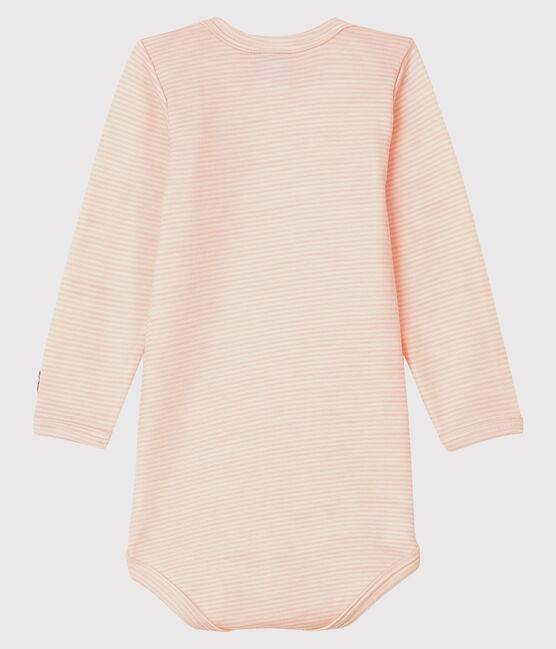 Body maniche lunghe a righe bebè in lana e cotone rosa CHARME/bianco MARSHMALLOW