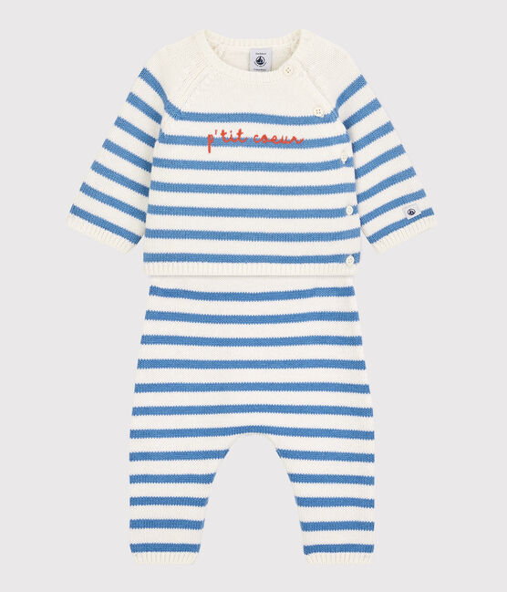 Completo 2 pezzi marinière bebè in maglia di lana e cotone bianco MARSHMALLOW/blu ALASKA