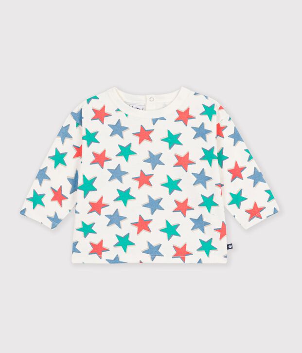 T-shirt a maniche lunghe in cotone con stelle stampate neonato ecru/multicolore