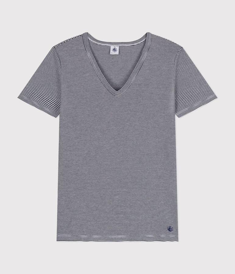 T-shirt L'Iconique scollo a V in cotone a righe donna blu SMOKING/bianco MARSHMALLOW