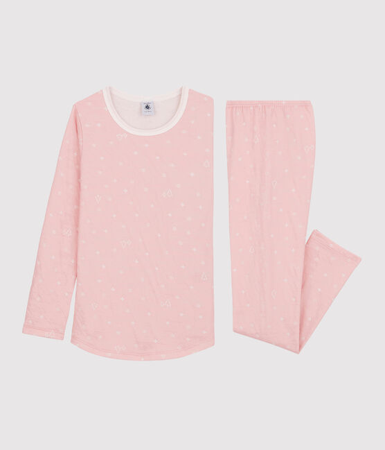 Pigiama jacquard bambina fantasia fiocchi di neve in lana e cotone rosa CHARME/bianco MARSHMALLOW