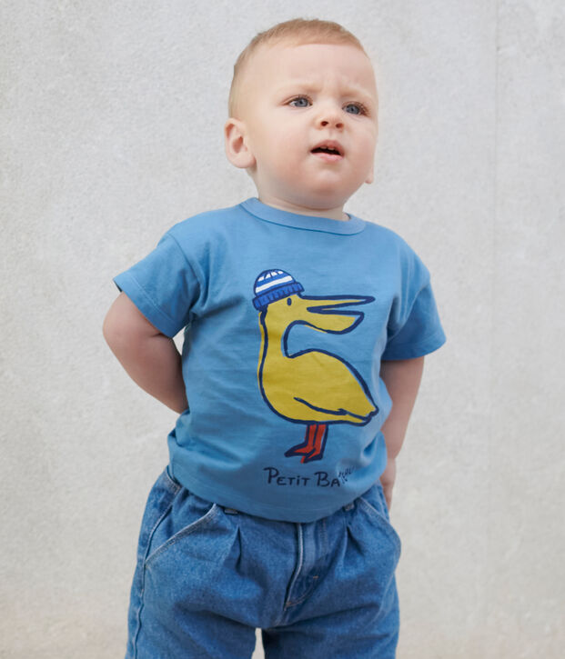 T-shirt a maniche corte in cotone tinta unita neonato blu