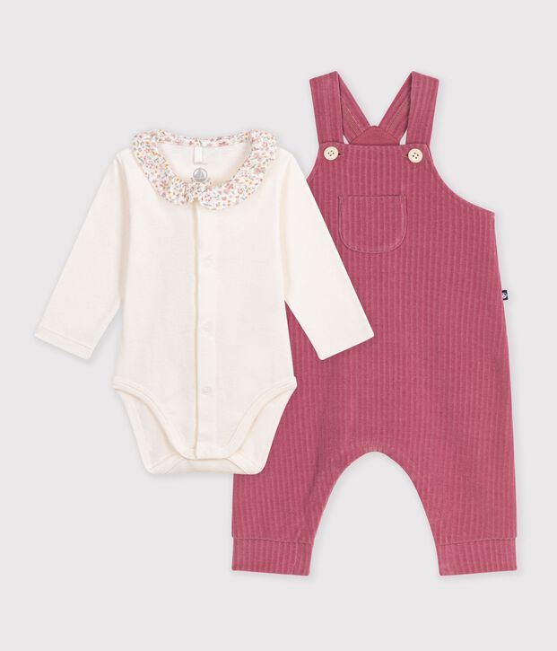 Ensemble salopette et body b&eacute;b&eacute; en coton avec col uni rosa/ecru