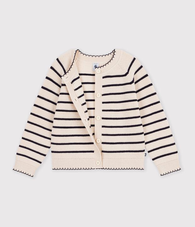 Cardigan in misto lana e cotone a righe bambina ecru/blu