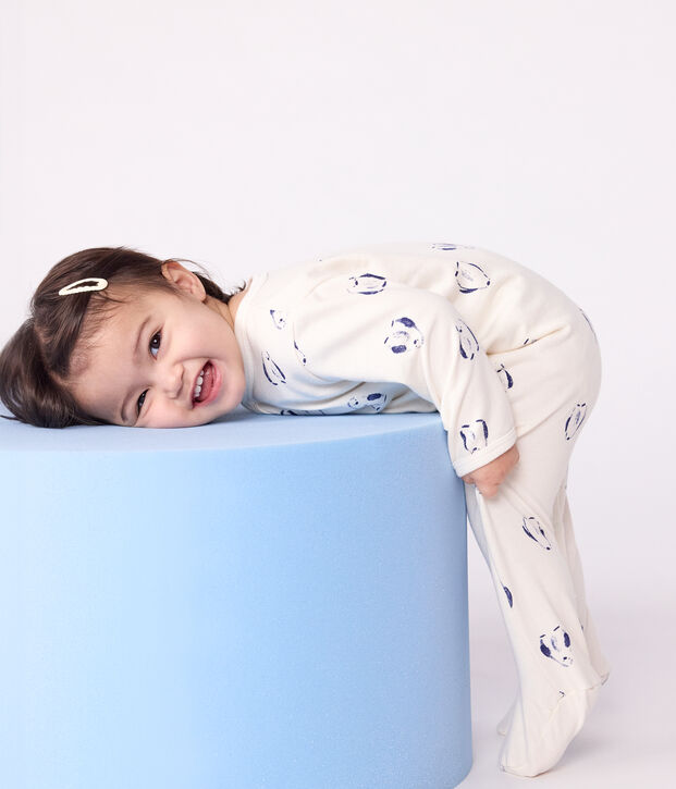 Pigiama per neonato in felpa garzata con stampa animalier pinguino e colletto a petali ecru/multicolore