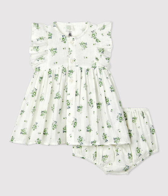 Abito bebè con bloomer in garza di cotone biologico a fiori bianco MARSHMALLOW/bianco MULTICO