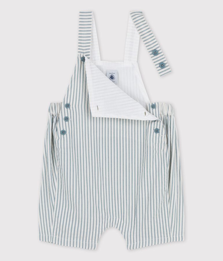 Salopette corta beb&egrave; in seersucker verde/bianco