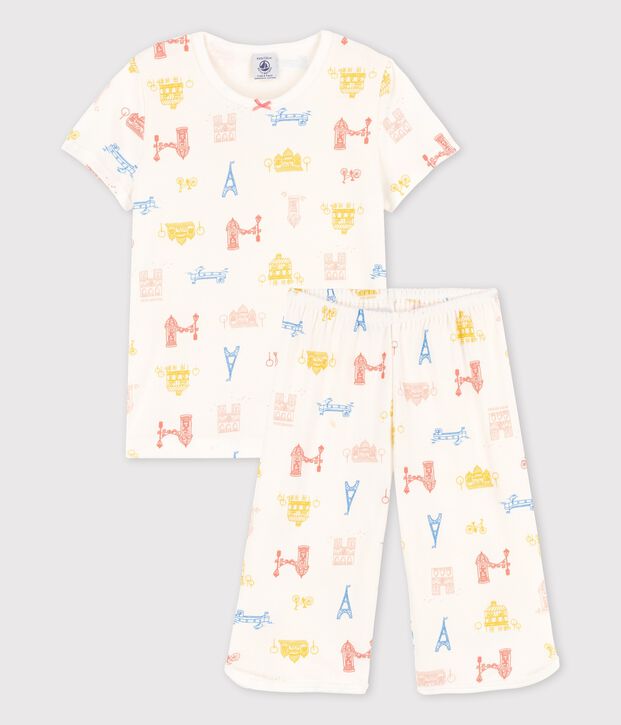 Pigiama corto stampa Parigi bambina in cotone bianco/multicolore