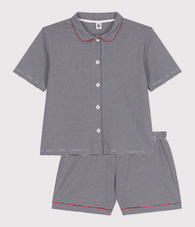 Pigiama corto da donna in cotone a righe con bottoni blu/bianco