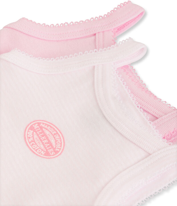 Confezione di 2 bodies con spalline beb&eacute; bambina tinta unita e millerighe lotto .