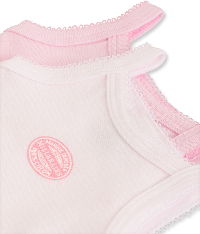 Confezione di 2 bodies con spalline beb&eacute; bambina tinta unita e millerighe lotto .