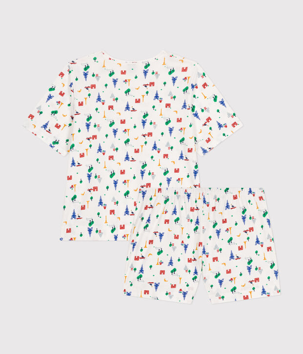 Pigiama donna con pantaloncini e t-shirt in cotone con motivo Parigi bianco/blu/multicolore
