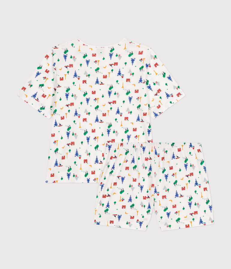 Pigiama donna con pantaloncini e t-shirt in cotone con motivo Parigi bianco/blu/multicolore