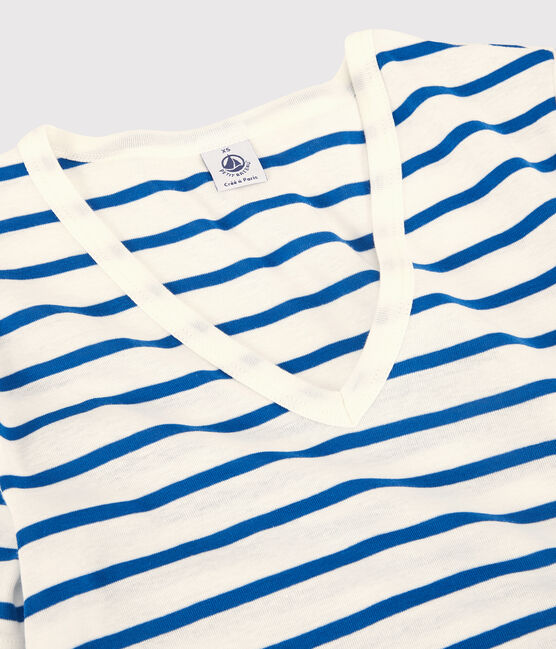 T-shirt L'ICONIQUE scollo a V in cotone bio donna bianco MARSHMALLOW/blu DELFT