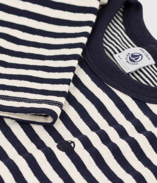 T-shirt maniche lunghe in tubique bambino blu/ecru