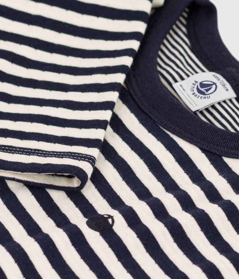 T-shirt maniche lunghe in tubique bambino blu/ecru